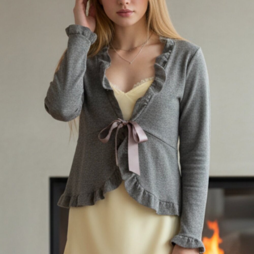 Anthropologie Luna Luna Gray Ruffle Tie-Front Cardigan Sweater M Cottagecore